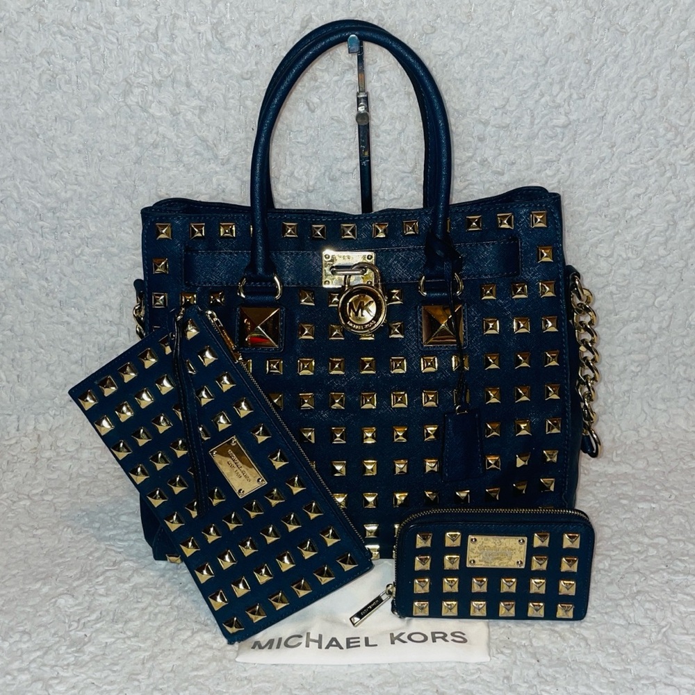 Michael Kors Hamilton Large LE Studded Shoulder Bag, Wristlet, & Wallet Set Navy